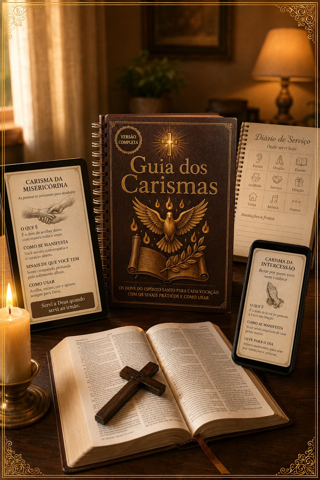 Mockup do Guia dos Carismas: livro impresso, versão em tablet, celular e diário de serviço