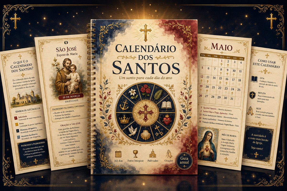 Capa e páginas internas do bônus Calendário dos Santos