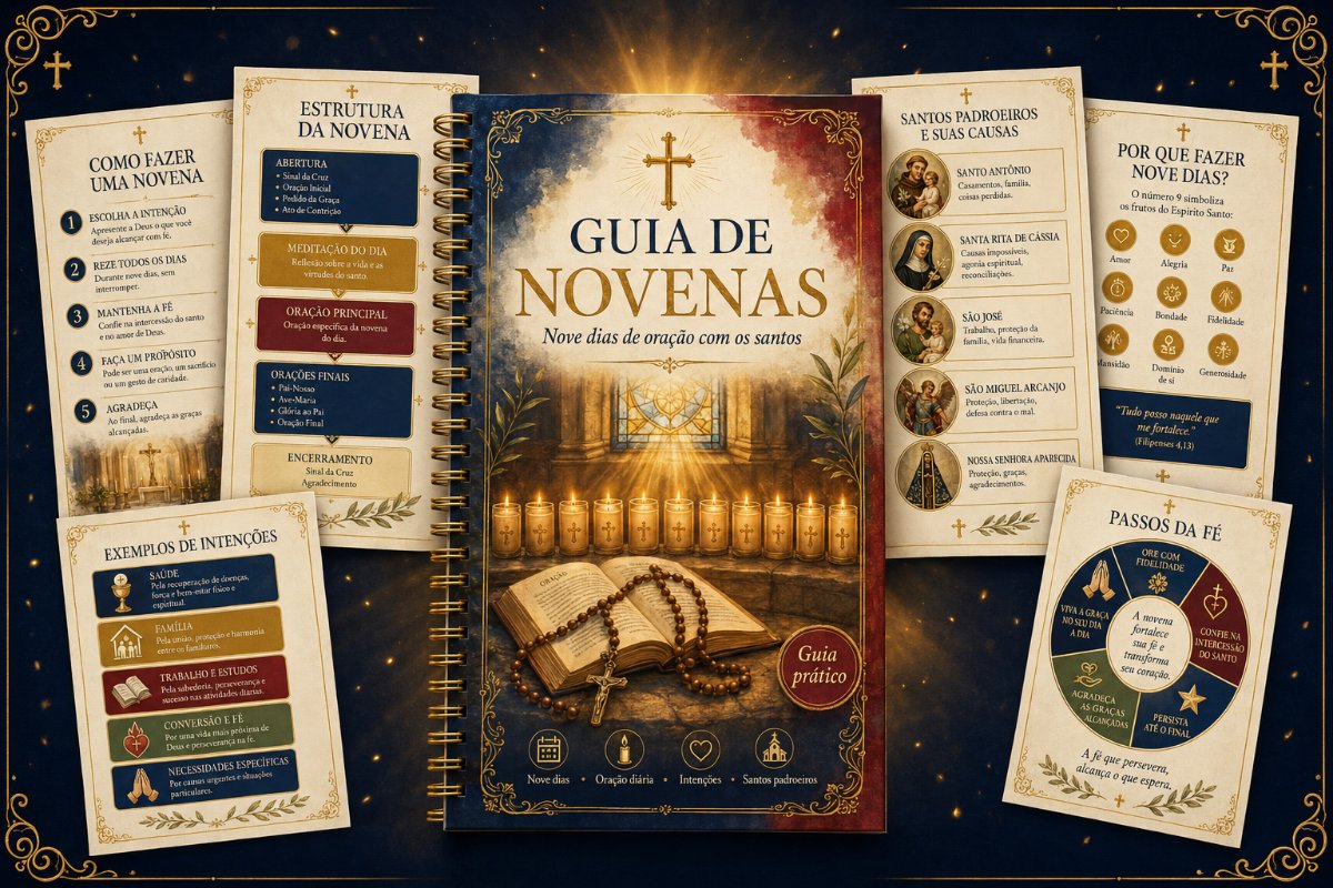 Capa e páginas internas do bônus Guia de Novenas